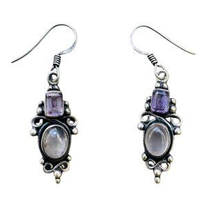 Vintage 925 Sterling Silver Dangle Earrings With Moonstone & Amethyst Gemstones